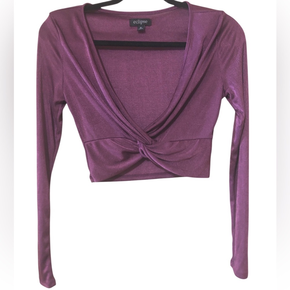 Purple Twist Front Crop Blouse with Long Sleeves